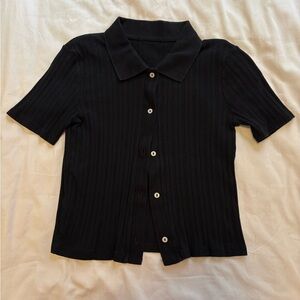 Black Ribbed Short Sleeve Button-Up Top